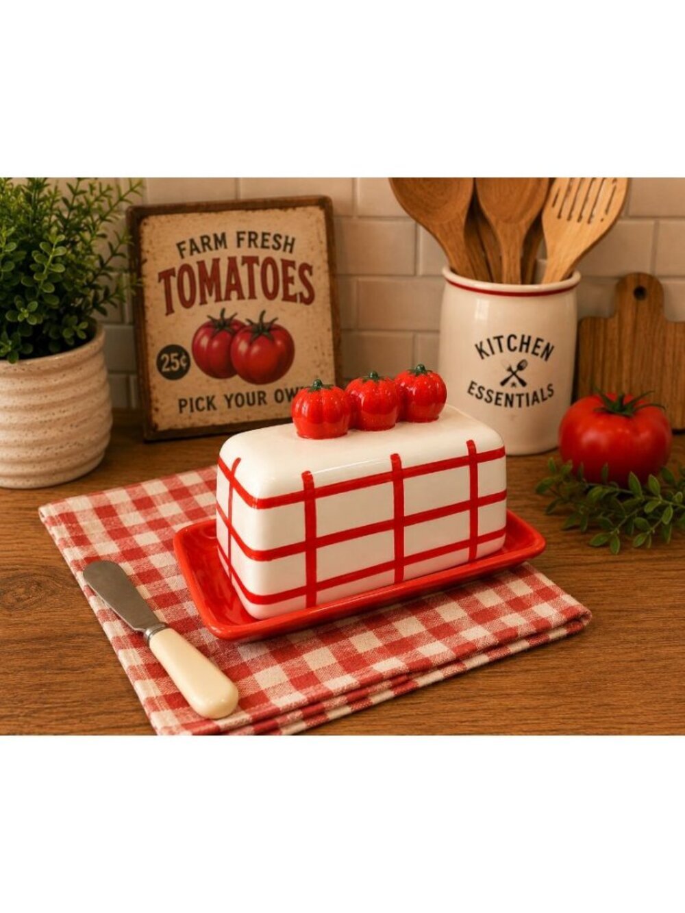 New Ceramic Red / White Tomato Farmhouse Cottage Kitchen Storage Butter Dish